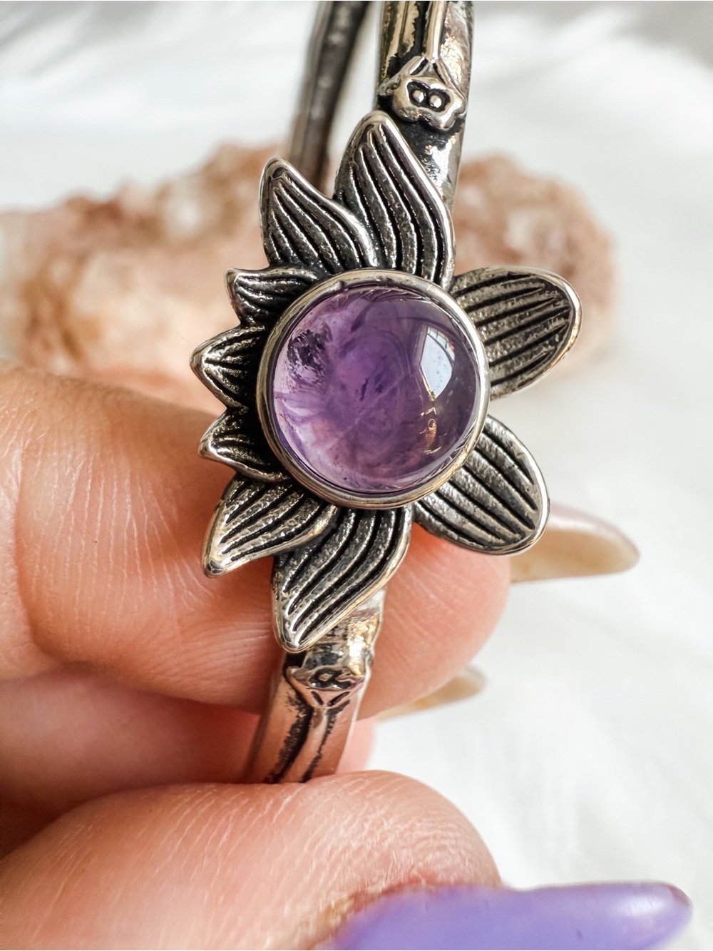 Silver tone lotus Amethyst Cabochon cuff Bracelet - Purple